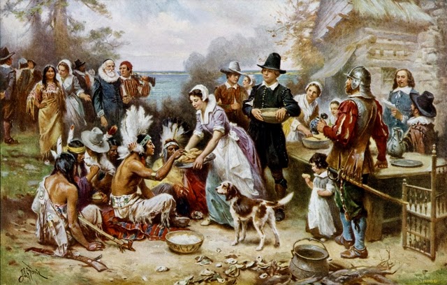 The First Thanksgiving 1621, oil on canvas by Jean Leon Gerome Ferris (1899)